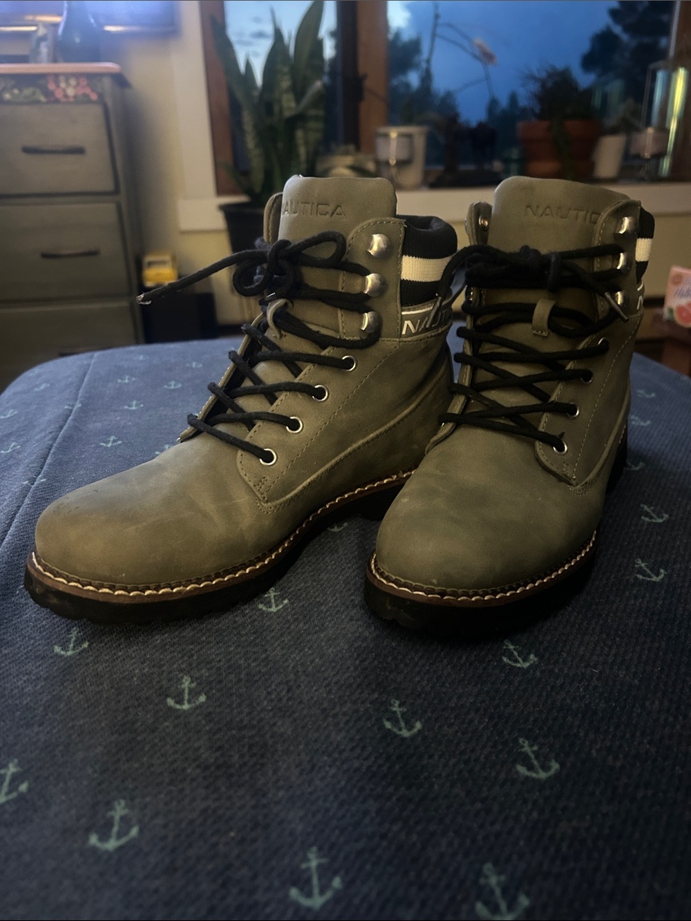 Nautica Women’s Olive Green Lace-Up Outdoor Boots with Black Laces